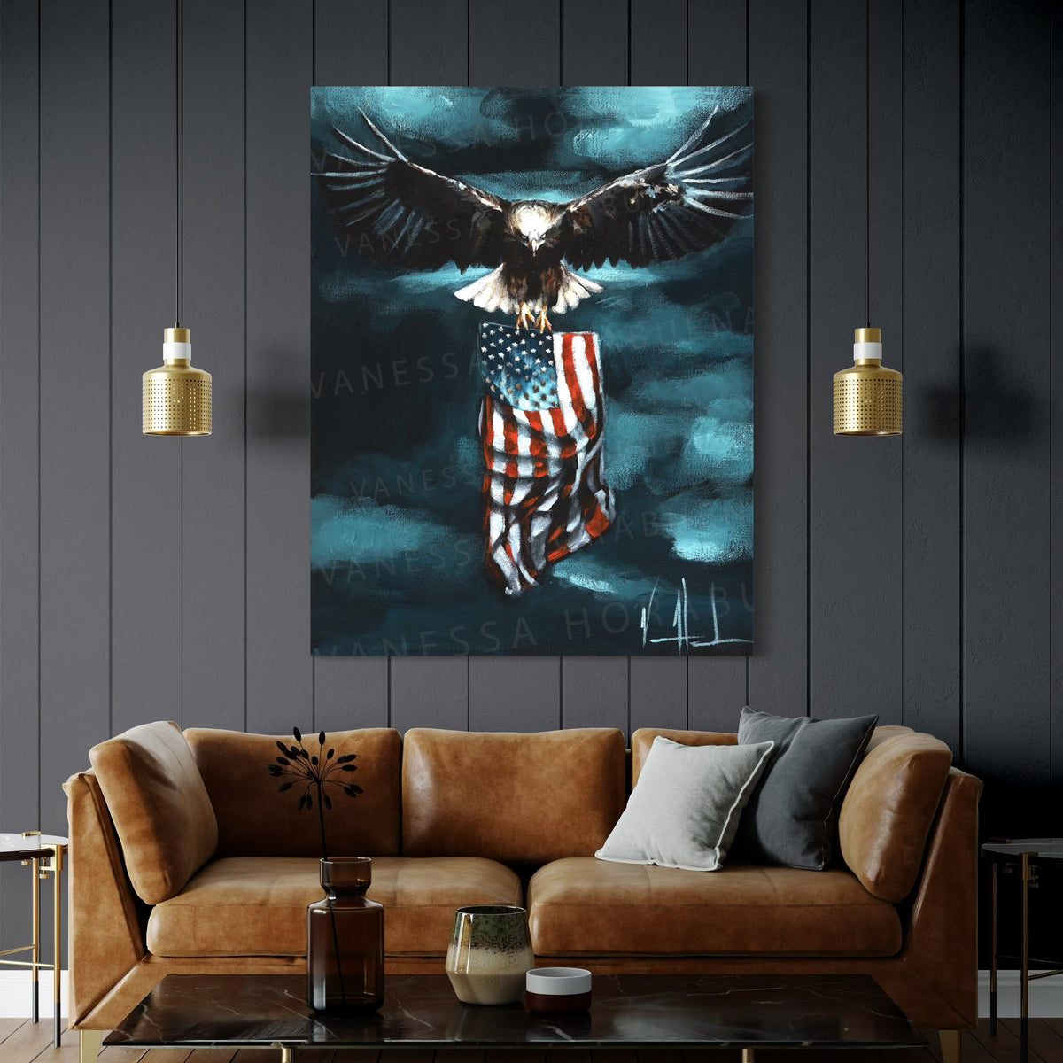 Patriotic art print titled "Revive Our Nation" by Vanessa Horabuena, featuring vibrant American flag imagery and inspiring design.