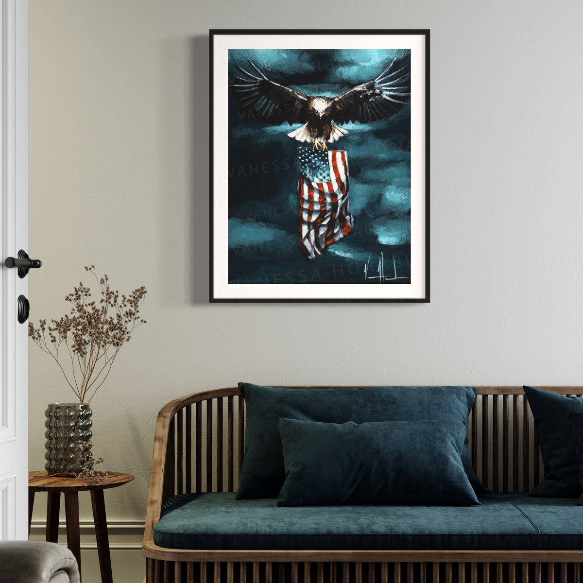 Patriotic art print titled "Revive Our Nation" by Vanessa Horabuena, featuring vibrant patriotic imagery and symbolic design.