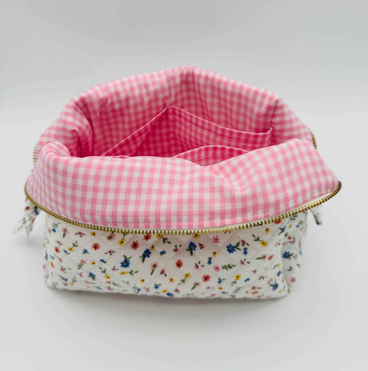 Handmade boxy makeup bag with Wildflower Meadow pattern from C2 Creations LLC, featuring a stylish toiletry bag design.