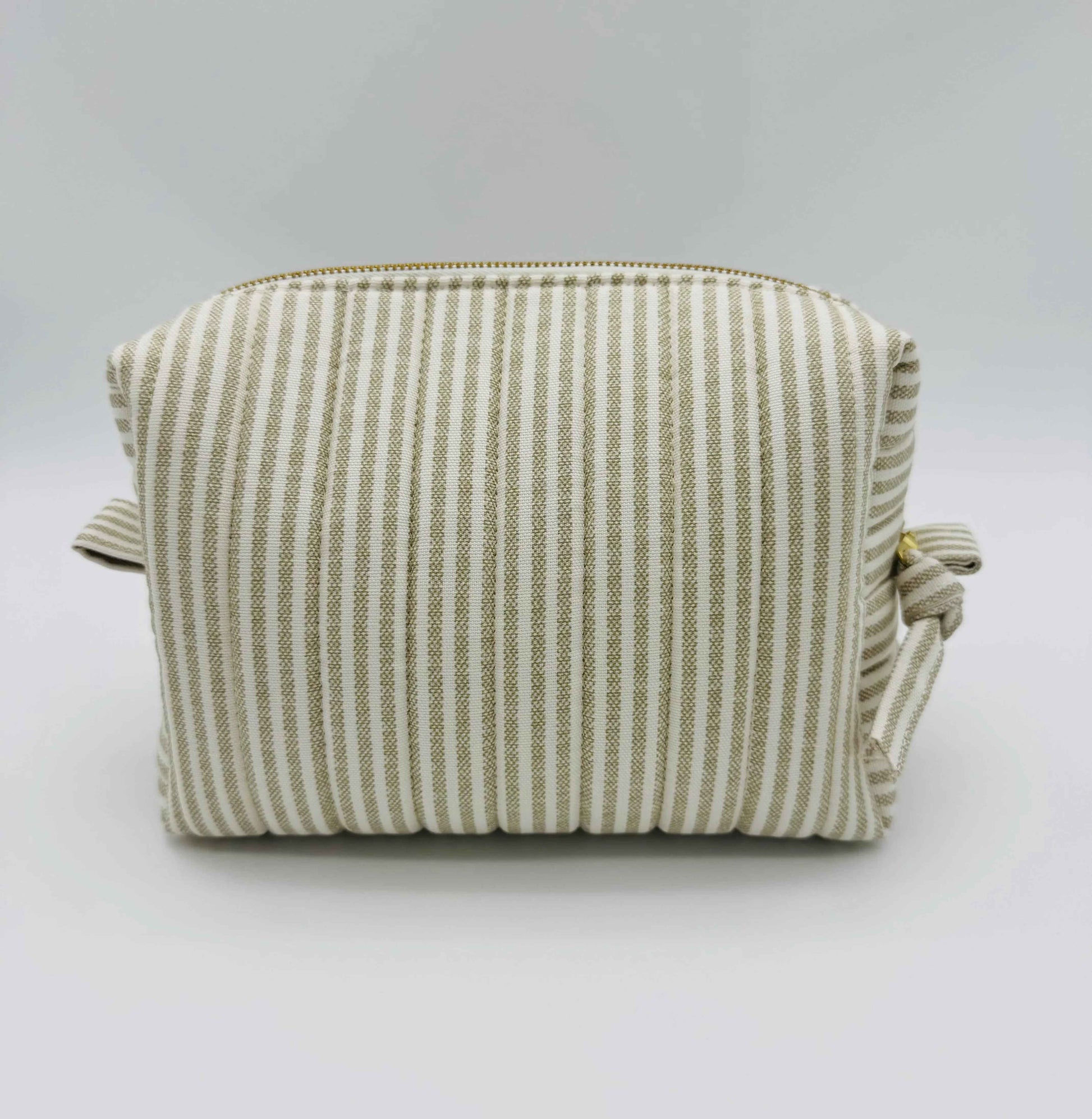 Boxy handmade makeup and toiletry bag in taupe and cream ticking stripe pattern by C2 Creations LLC.