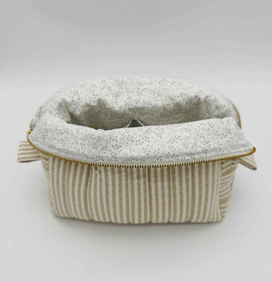 Handmade boxy makeup and toiletry bag in taupe and cream ticking stripe pattern by C2 Creations LLC.