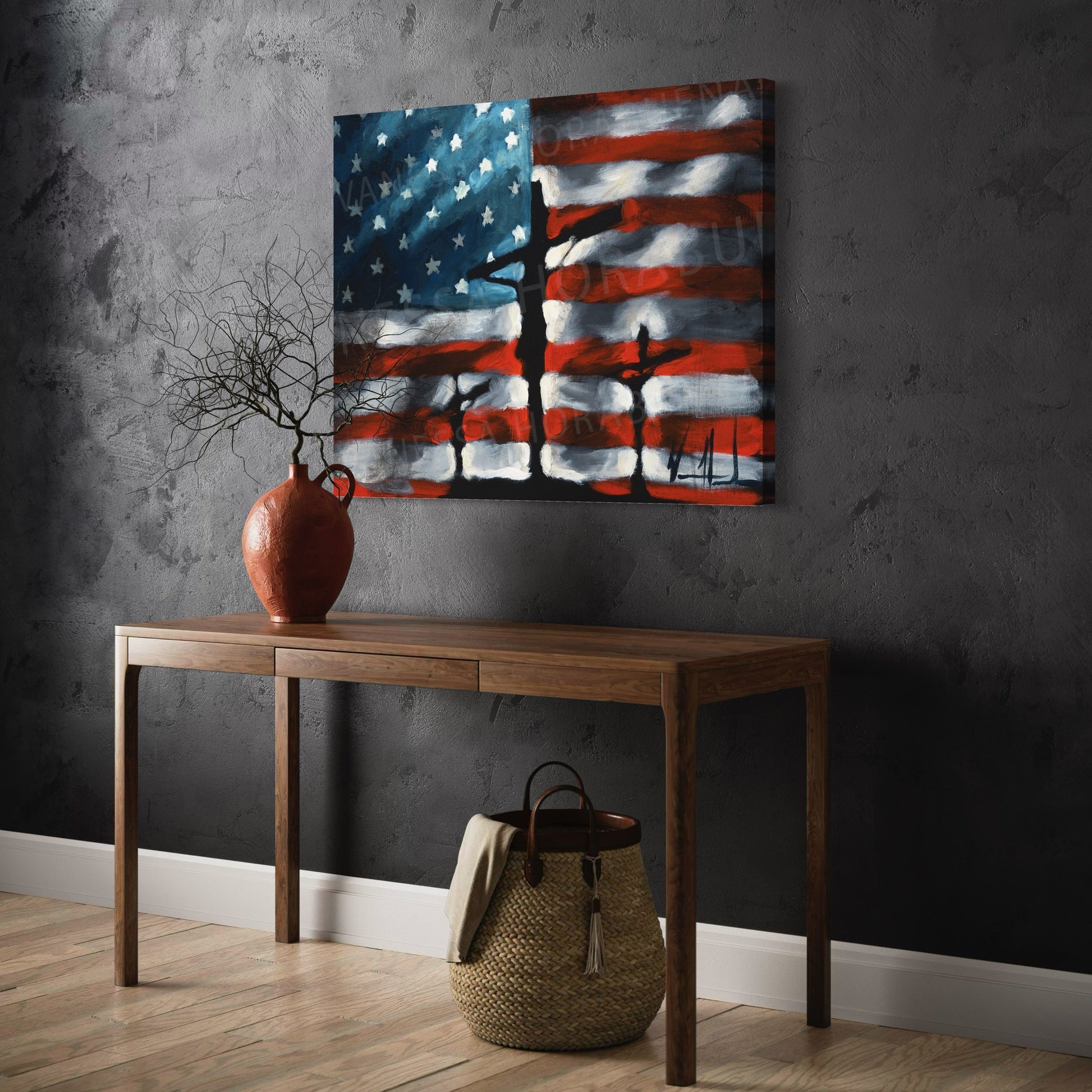 Patriotic art print titled "In God We Trust" by Vanessa Horabuena, featuring bold typography and American patriotic symbols.