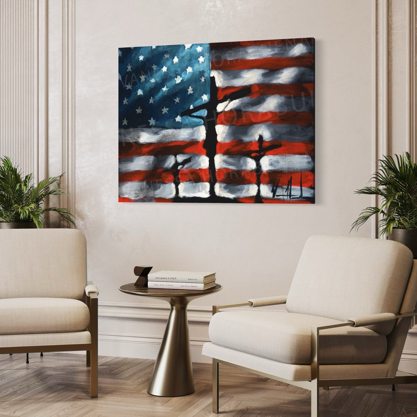 Patriotic art print titled "In God We Trust" by Vanessa Horabuena, featuring American flag imagery and patriotic design.