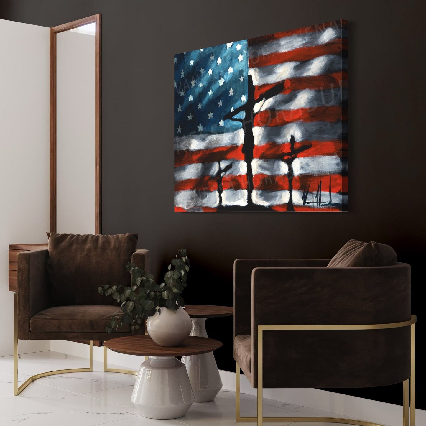 Patriotic art print by Vanessa Horabuena featuring the phrase "In God We Trust" with American flag elements