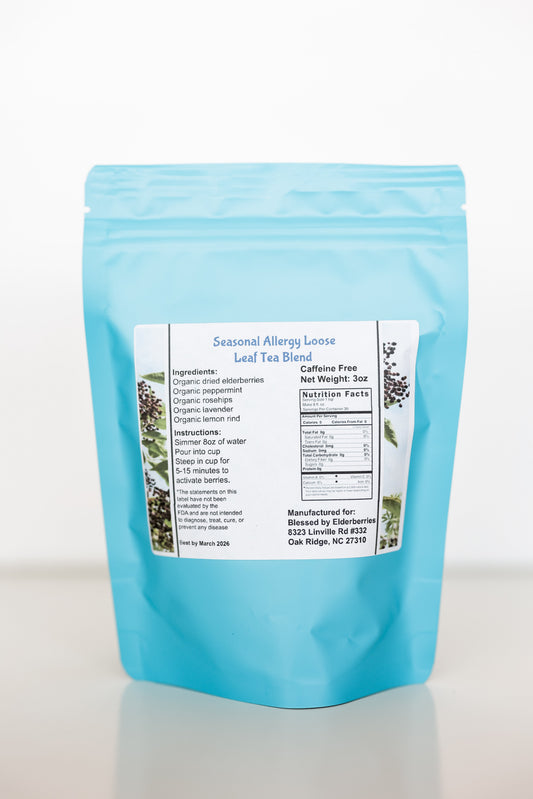 Loose leaf Elderberry Tea from Blessed by Elderberries, ideal for seasonal allergy relief and immune support.