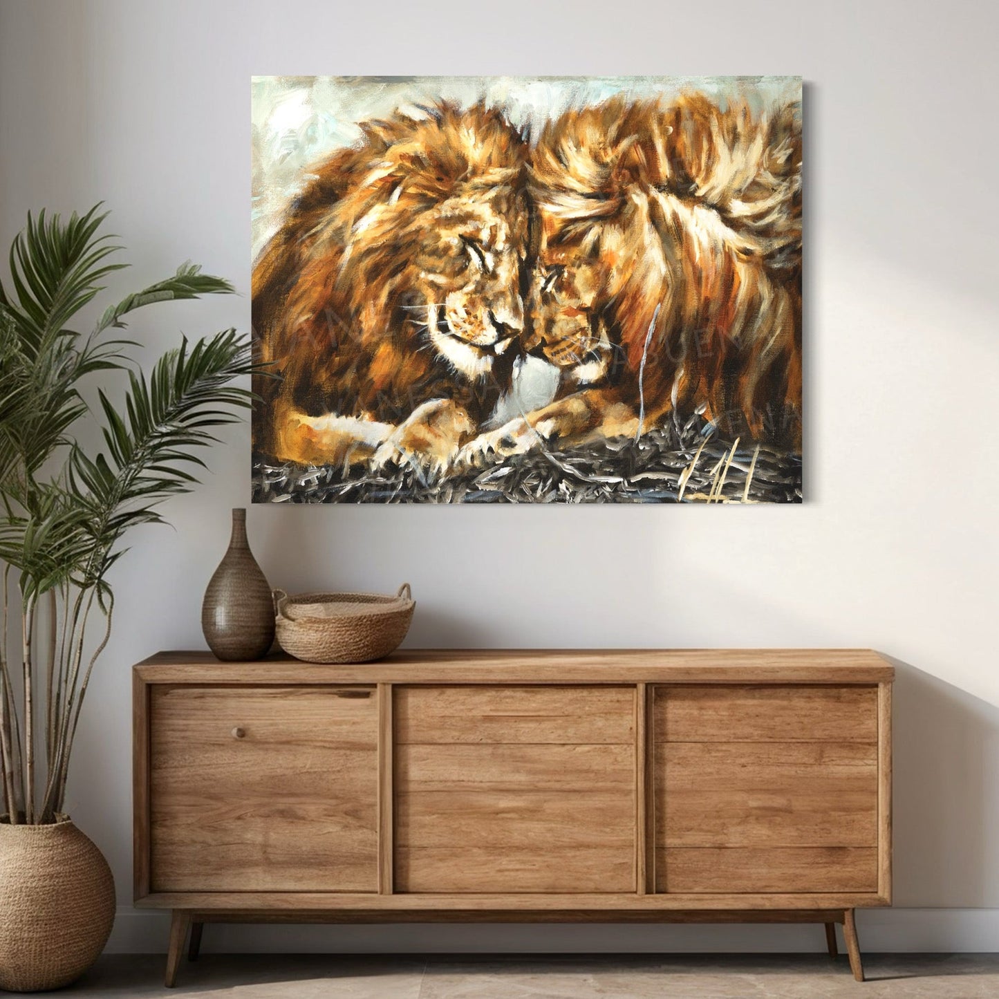Lion art print titled "Fortified Strength" by Vanessa Horabuena, featuring a detailed illustration of a majestic lion.