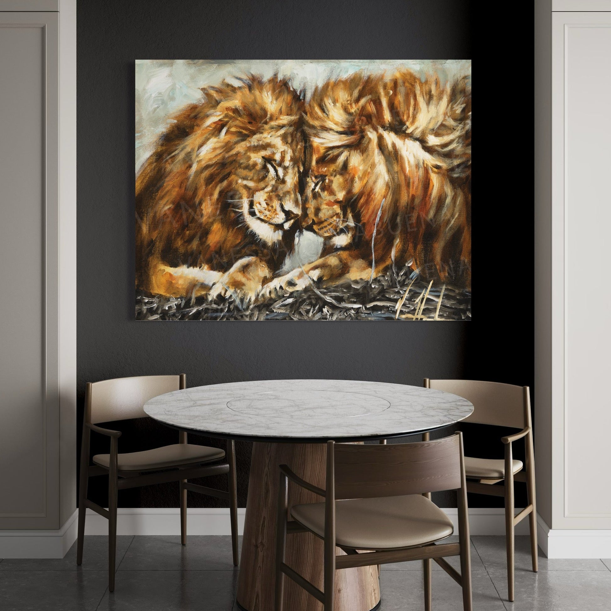 Lion art print titled "Fortified Strength" by Vanessa Horabuena, featuring a detailed lion illustration on high-quality paper.
