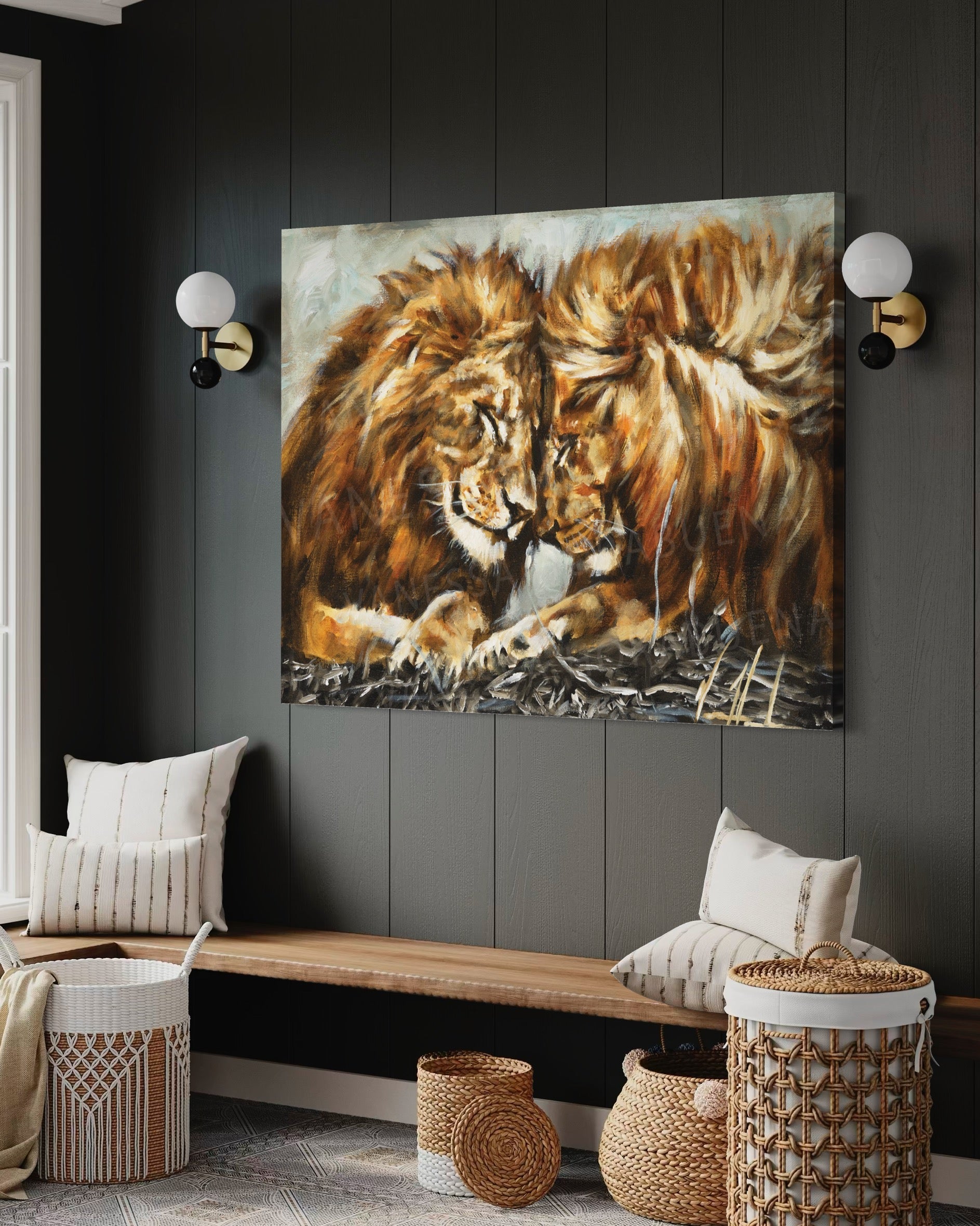 Lion art print titled "Fortified Strength" by Vanessa Horabuena, showcasing a detailed and powerful lion illustration.