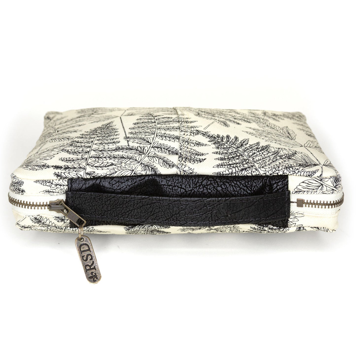 Slim Bible cover in indigo with feather design by Rebekah Scott Designs, featuring a soft fabric exterior and secure zipper closure.