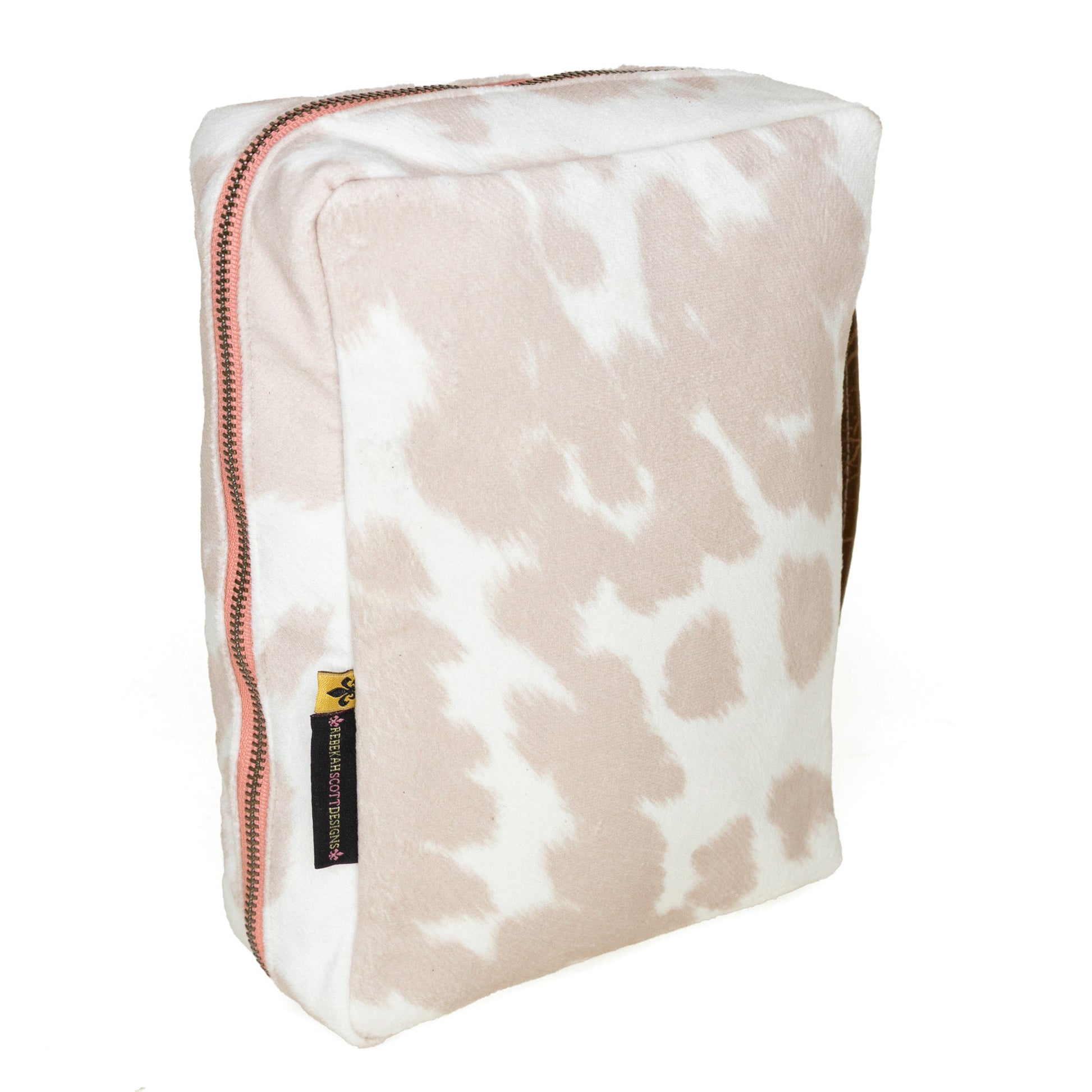Blush cowhide Bible cover by Rebekah Scott Designs with elegant stitching and durable leather exterior.
