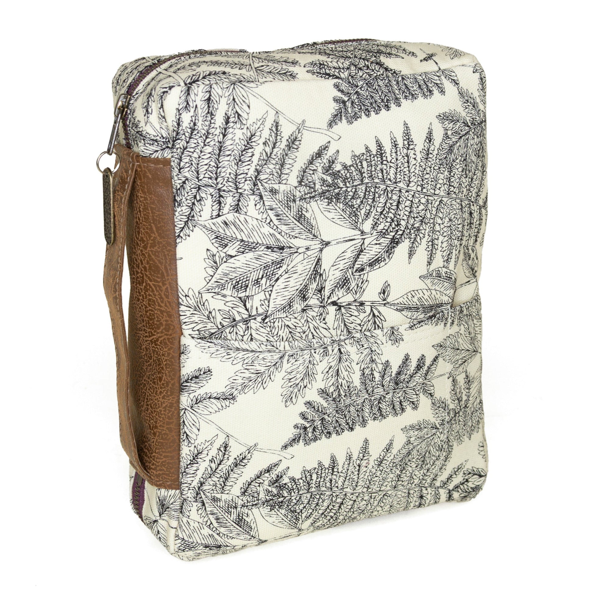 Rebekah Scott Designs Bible cover with a fern pattern, featuring green foliage on a fabric cover for protection and style.