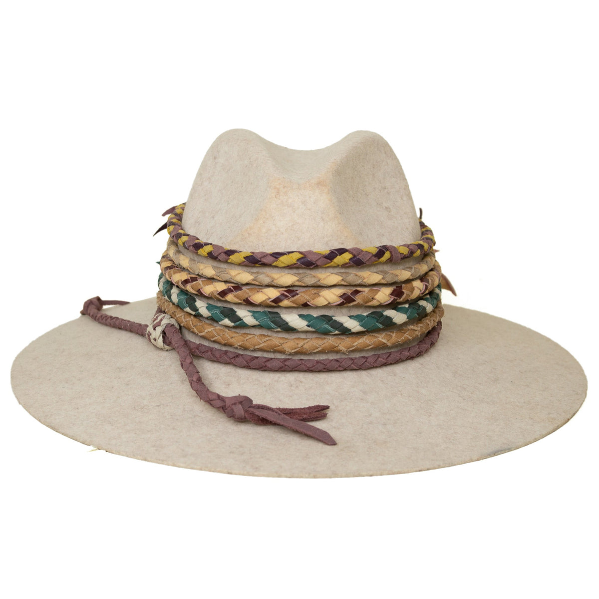 Red and bone braided hat band by Rebekah Scott Designs, stylish accessory for cowboy or western hats.