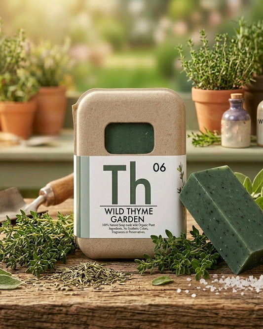Organic Wild Thyme Garden soap by Seattle Seed Company with natural herbal ingredients and rustic packaging.