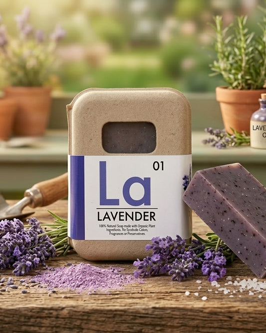 Organic lavender soap bar from Seattle Seed Company with a natural, herbal appearance and lavender flowers on the packaging.