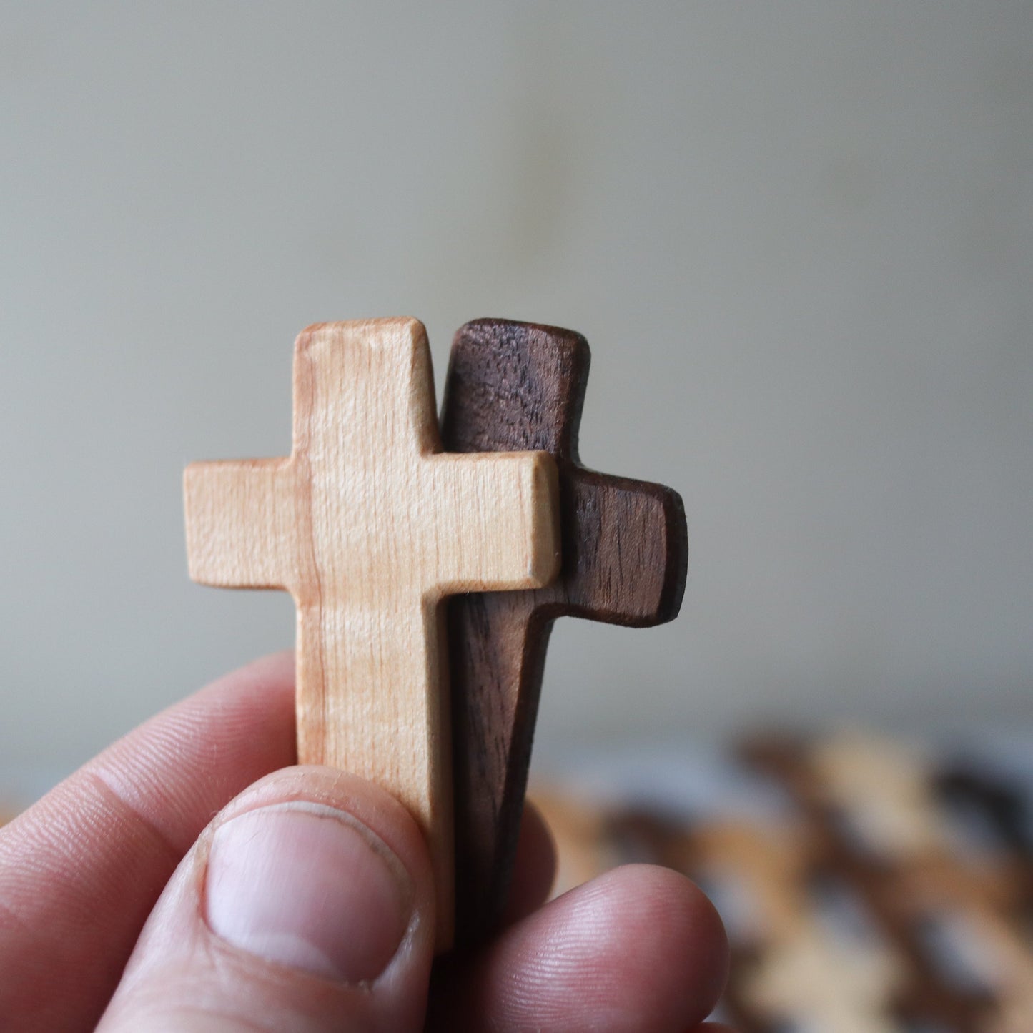 Wooden Thin Pocket Cross by Dennehey Design Co., small and lightweight wooden cross for personal or spiritual use.