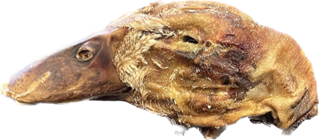 Bear's Bites duck heads, showing realistic rubber dog chew toys with textured surface and detailed duck head design.