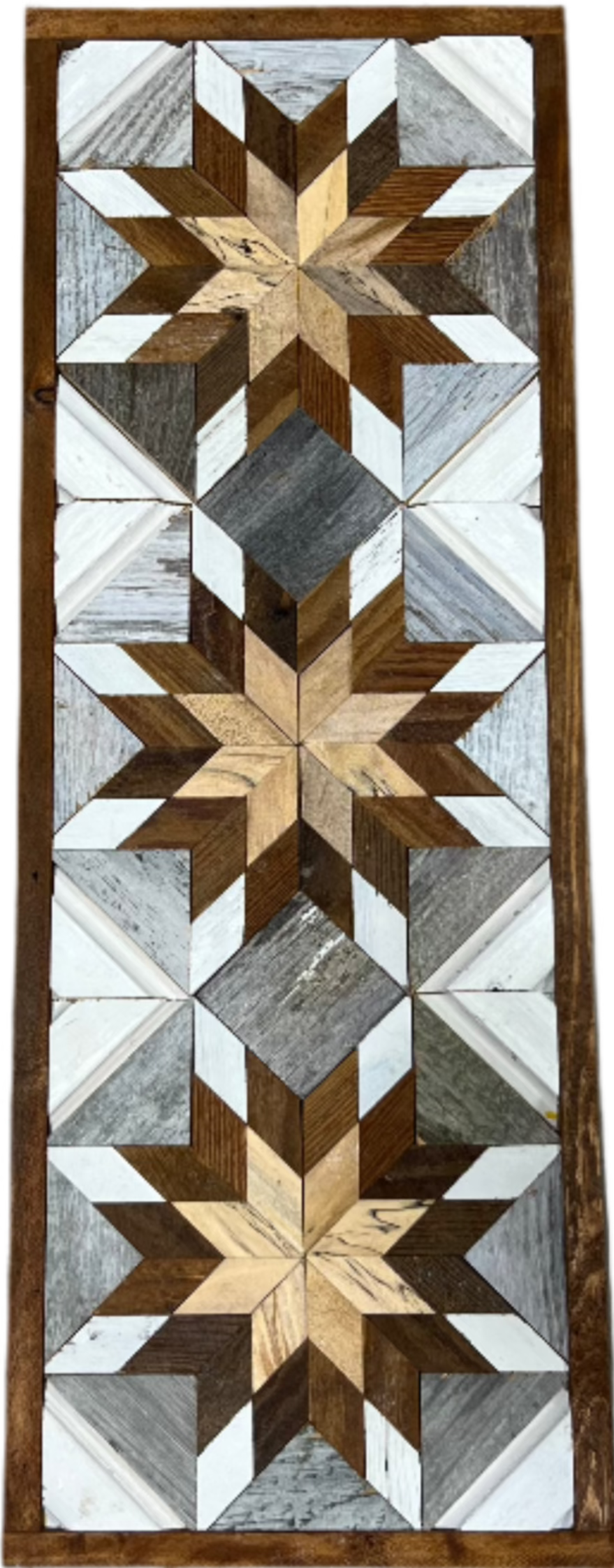 Amish handmade barn quilt banner featuring traditional geometric patterns in vibrant colors, measuring 10.5 x 30 inches.