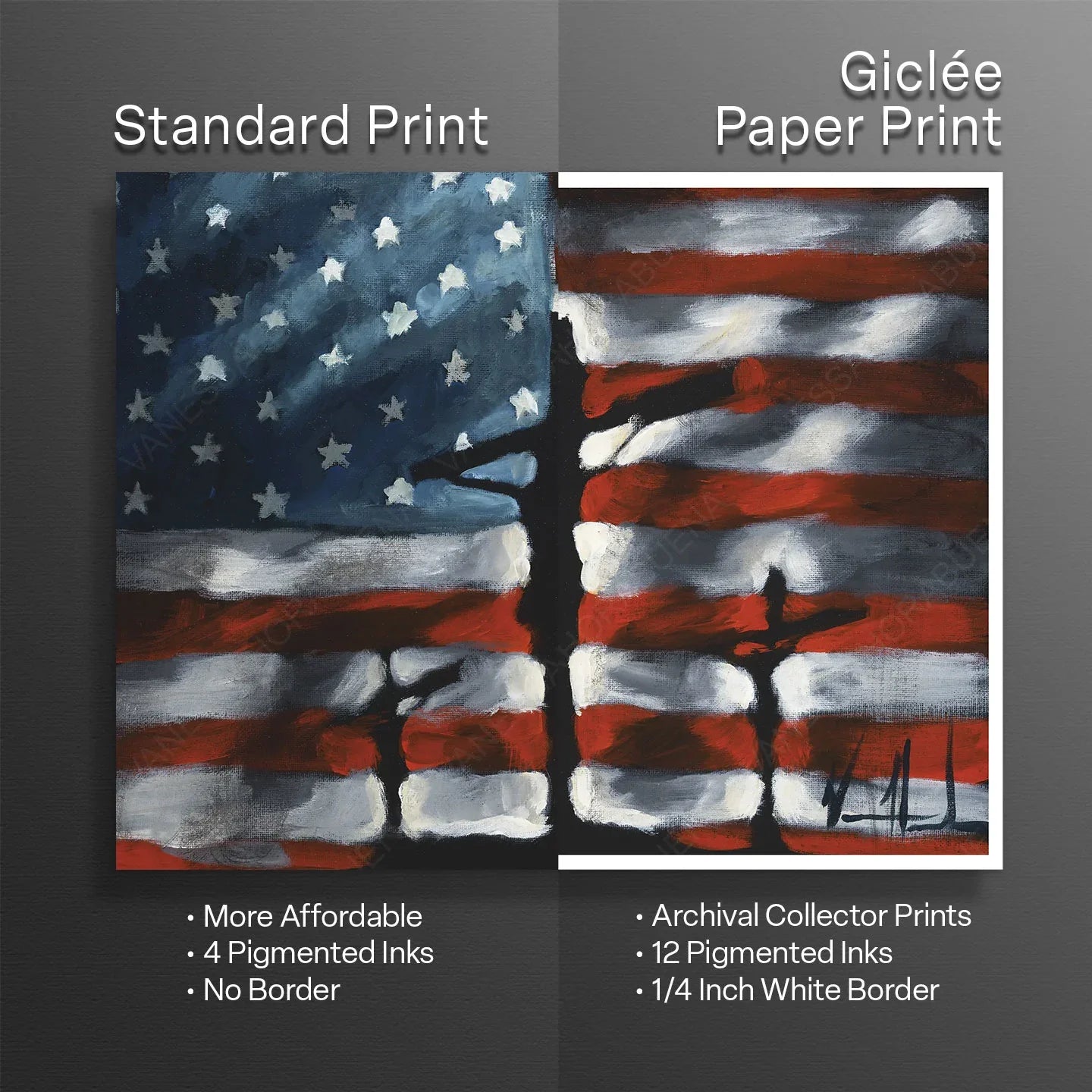 Patriotic art print titled "In God We Trust" by Vanessa Horabuena, featuring a bold design with American symbols and text.
