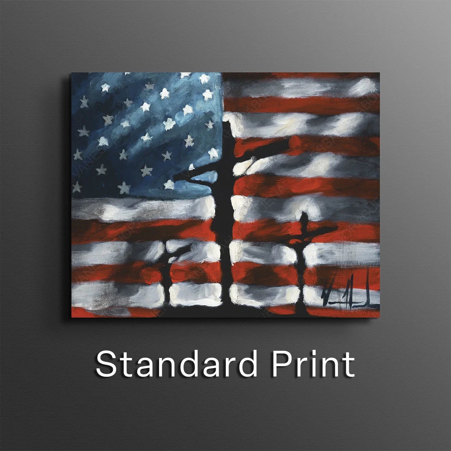 Patriotic art print titled "In God We Trust" by Vanessa Horabuena, featuring bold text and patriotic design on white background.