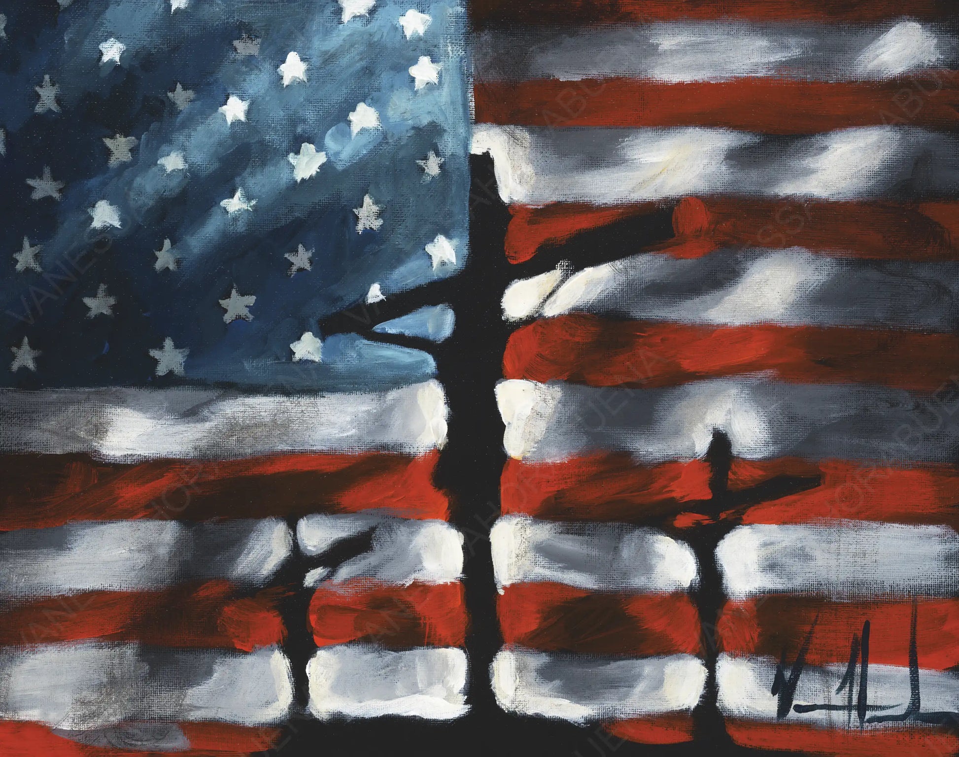 Patriotic art print titled "In God We Trust" by Vanessa Horabuena featuring bold lettering and a patriotic American theme.