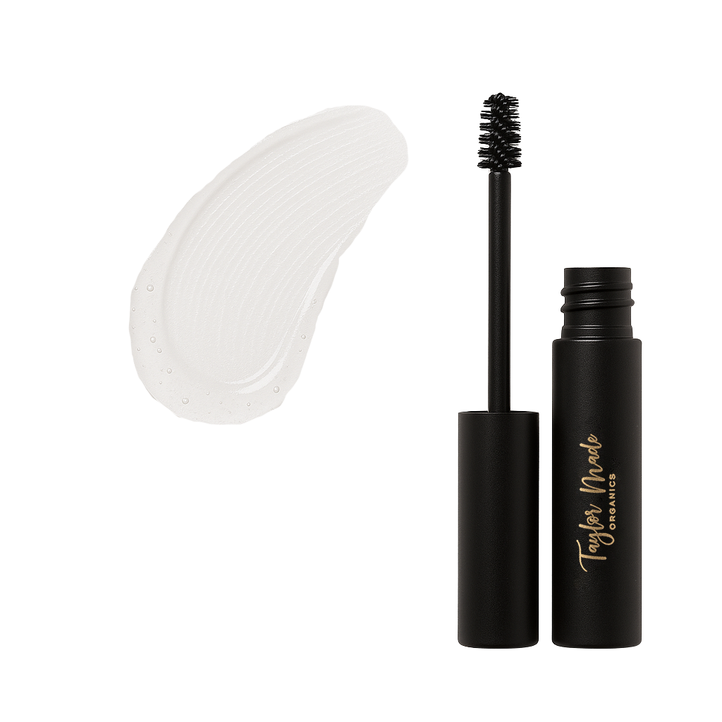 Taylor Made Organics invisible brow gel for tinting and taming, featuring a clear, natural finish with a sleek applicator.