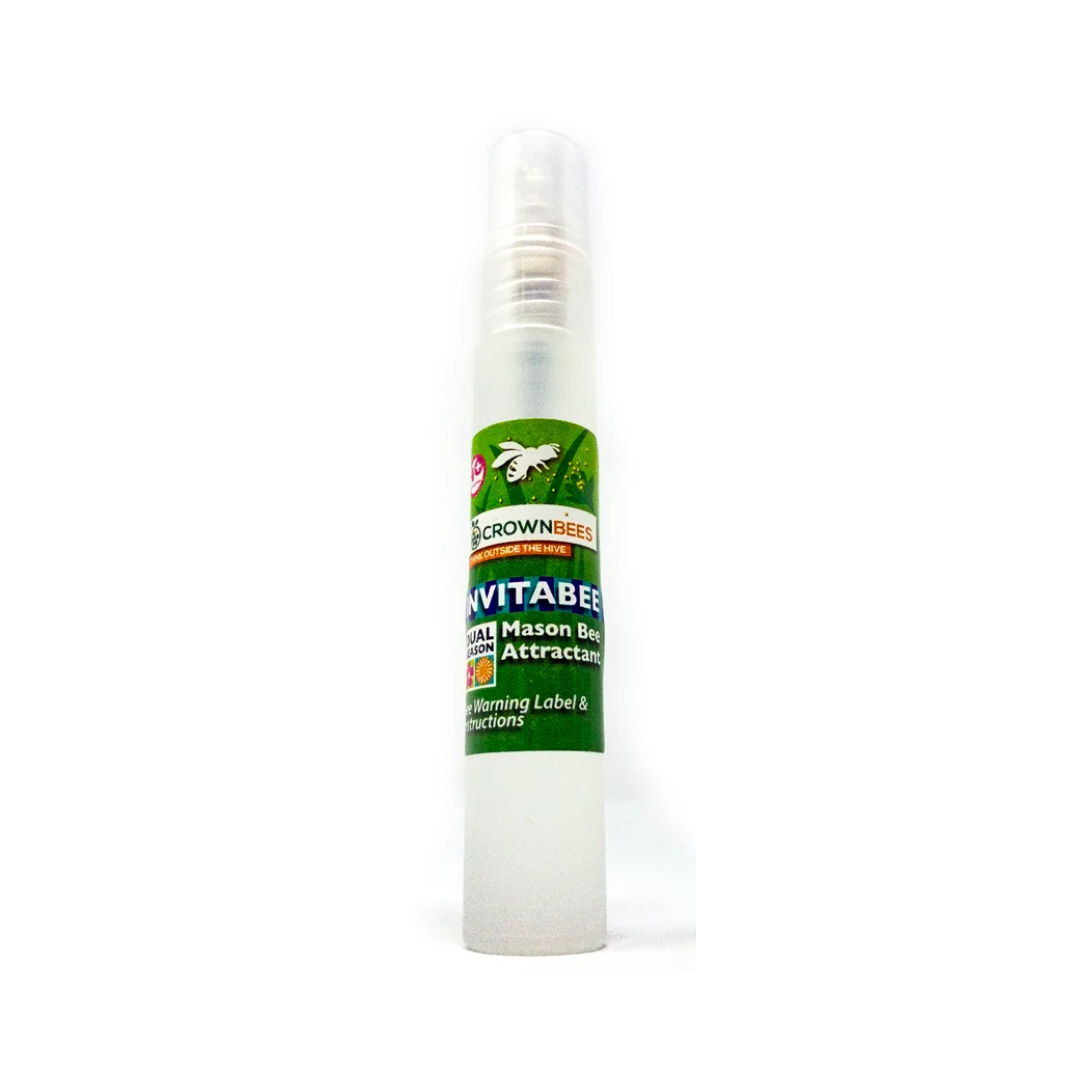 CrownBees InvitaBee Mason Bee Attractant in a container, designed to attract and support mason bee nesting in the USA