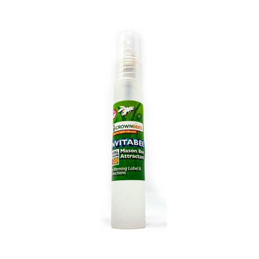 CrownBees InvitaBee Mason Bee Attractant in a container, designed to attract and support mason bee nesting in the USA