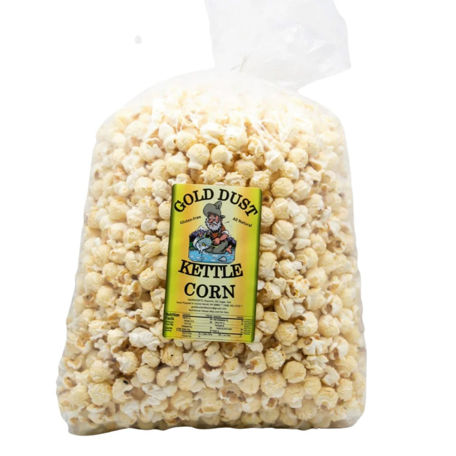 Family size Gold Dust Kettle Corn by BuyNebraska.com, gluten-free and non-GMO snack in a 24 oz bag with colorful popcorn.