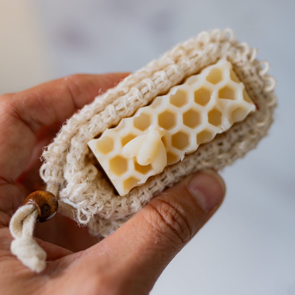 Farmhouse soap sack from Five Oaks Farm with a rustic, natural design, featuring a woven texture ideal for soap storage.