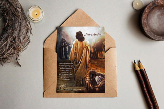 Jesus Healer greeting card by Vanessa Horabuena with religious artwork featuring Jesus as a healer, on a plain background.