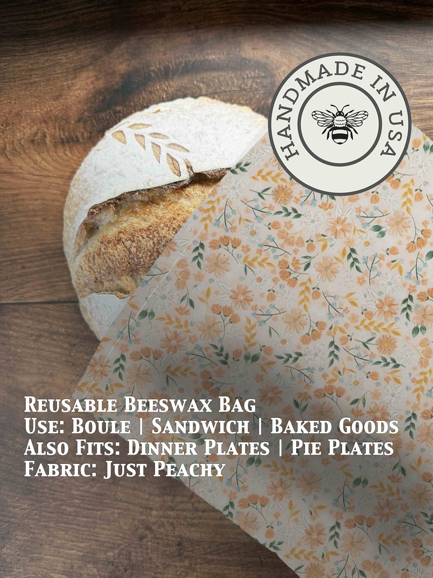 Beeswaxed bread bag from Five Oaks Farm, natural fabric bag with beeswax coating for storing fresh bread, just peachy in color.