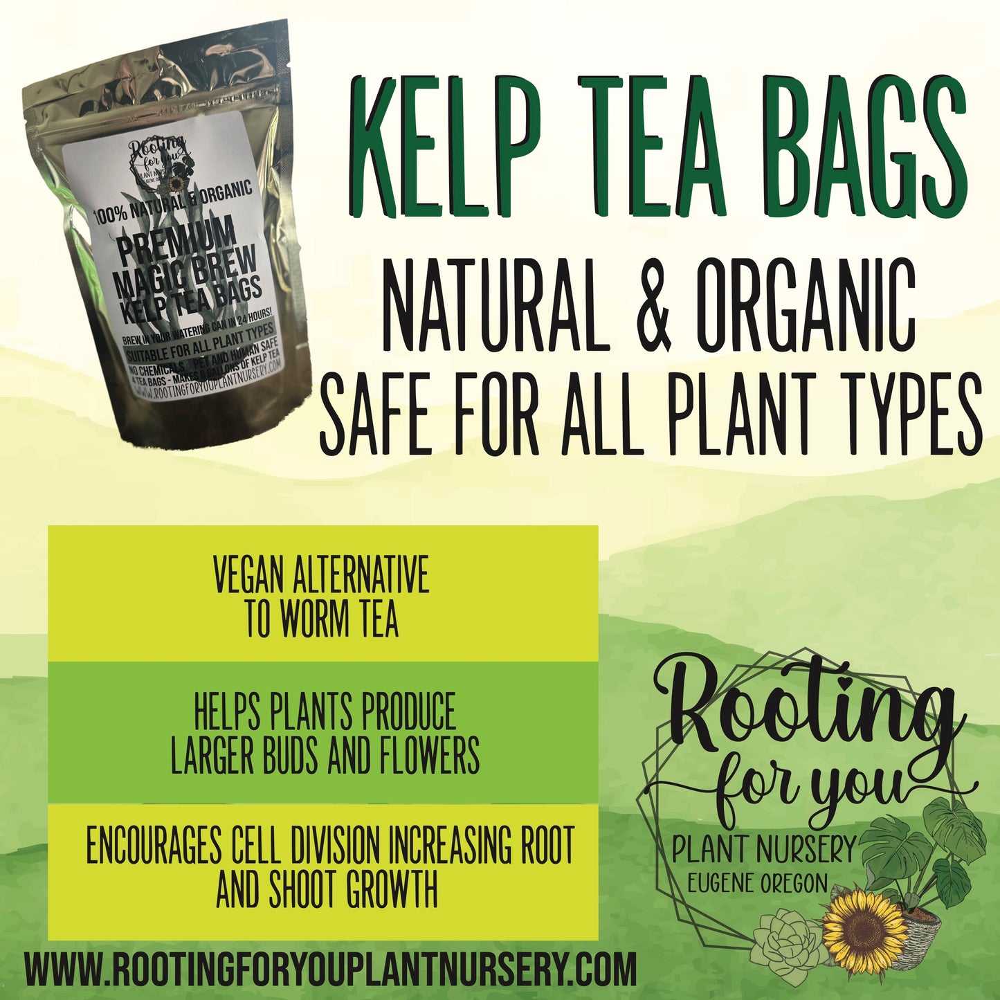 Vegan premium kelp tea bags from Rooting For You Plant Nursery, natural organic kelp brew for plants, 4 tea bags making 8 gallons.