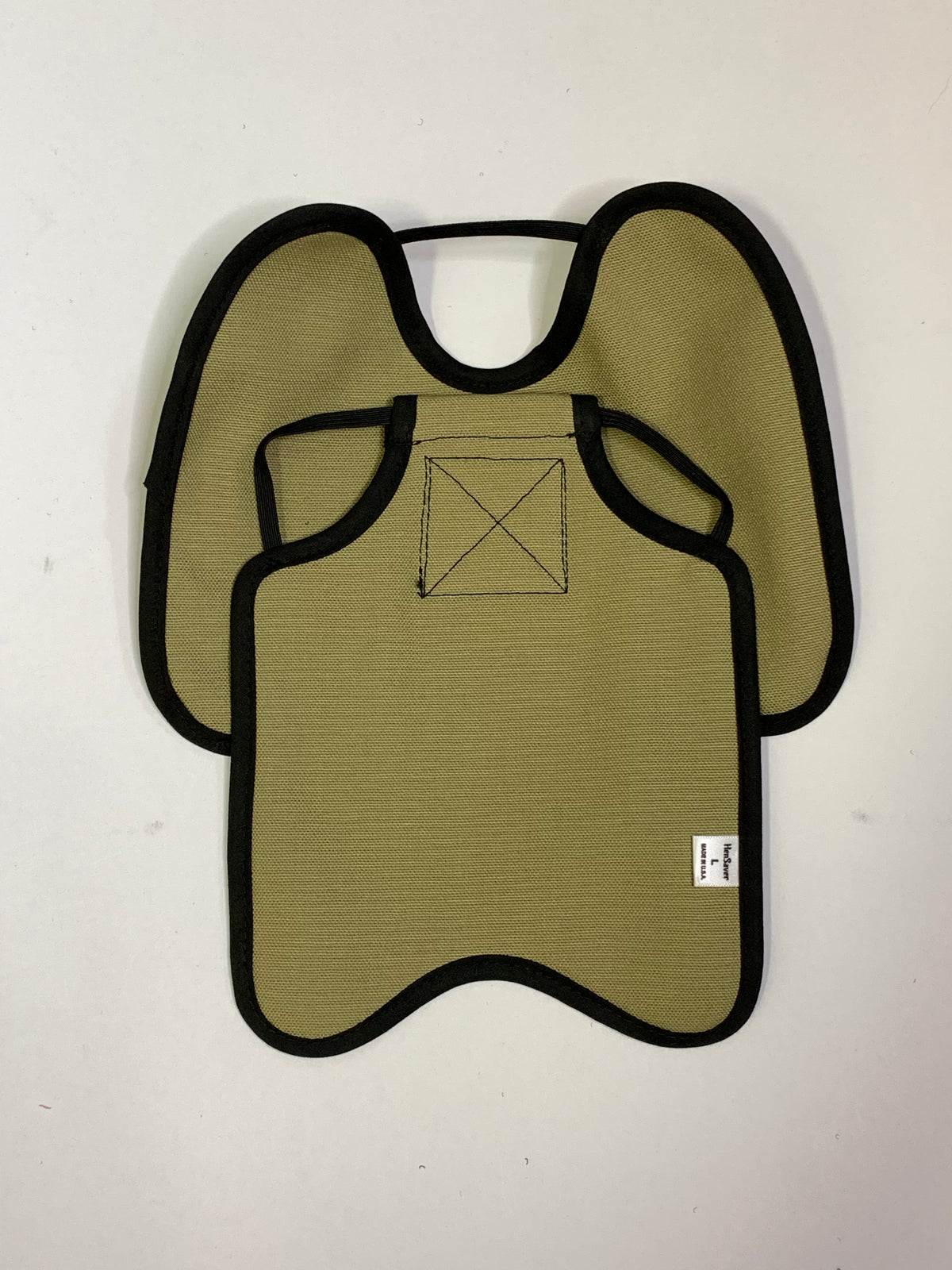 Khaki Hen Saver chicken apron with shoulder protectors by Crazy K Farm Pet and Poultry, designed to shield hens from pecking.