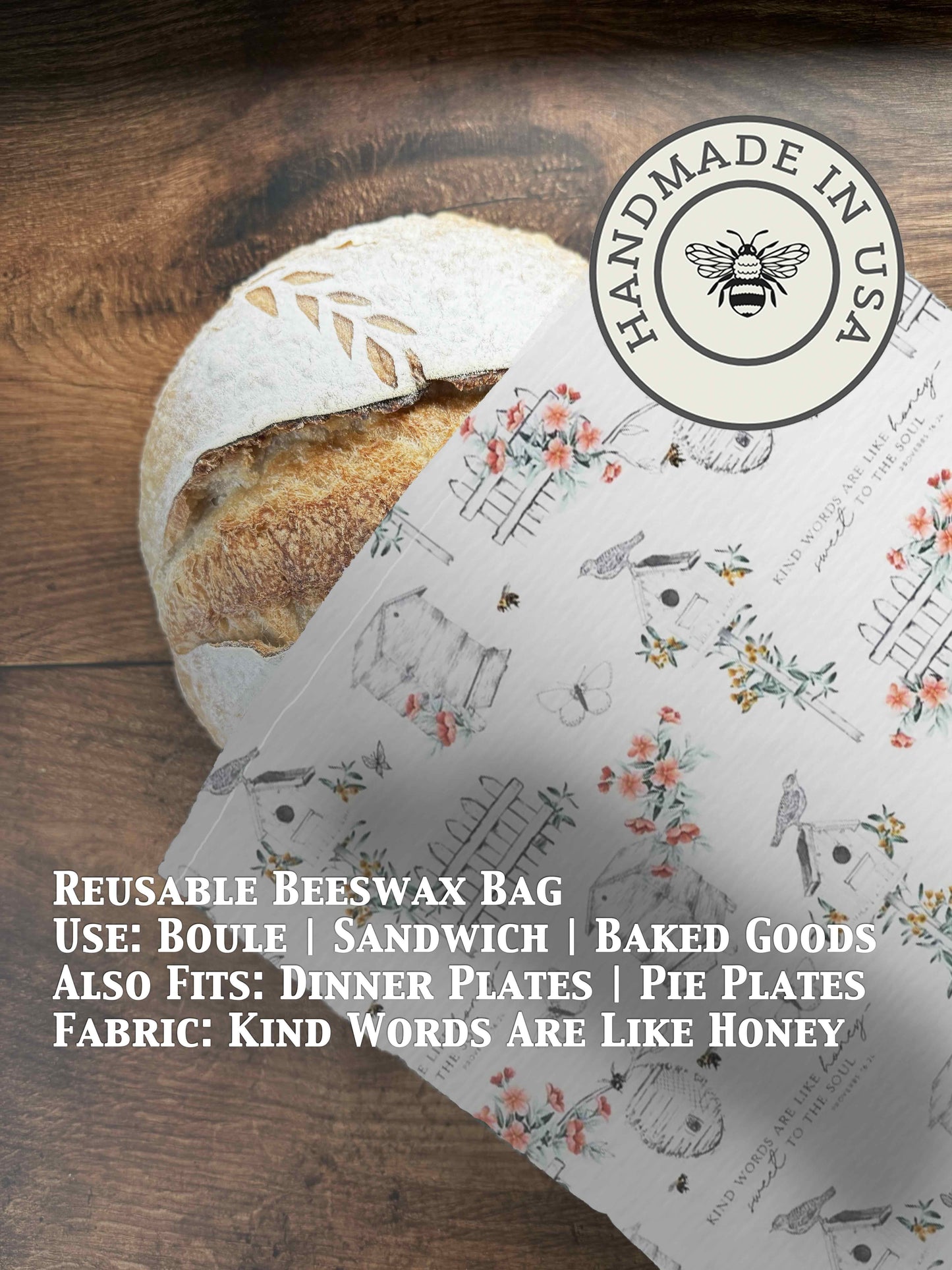 Beeswaxed bread bag from Five Oaks Farm with natural fabric and beeswax coating for eco-friendly bread storage.