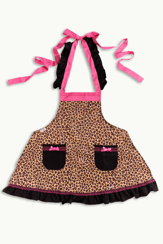 Lynnee leopard apron in hot pink with bold animal print, featuring adjustable straps and a front pocket for kitchen use.