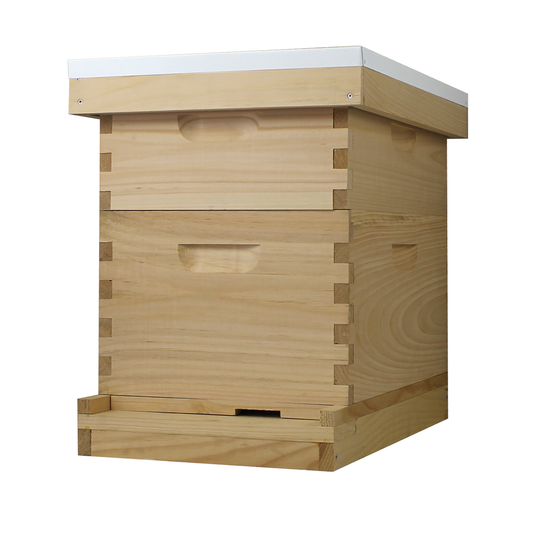 Fully assembled Galena Farms 8 frame beehive kit with deep and medium boxes, painted, includes frames and wax-coated foundations.