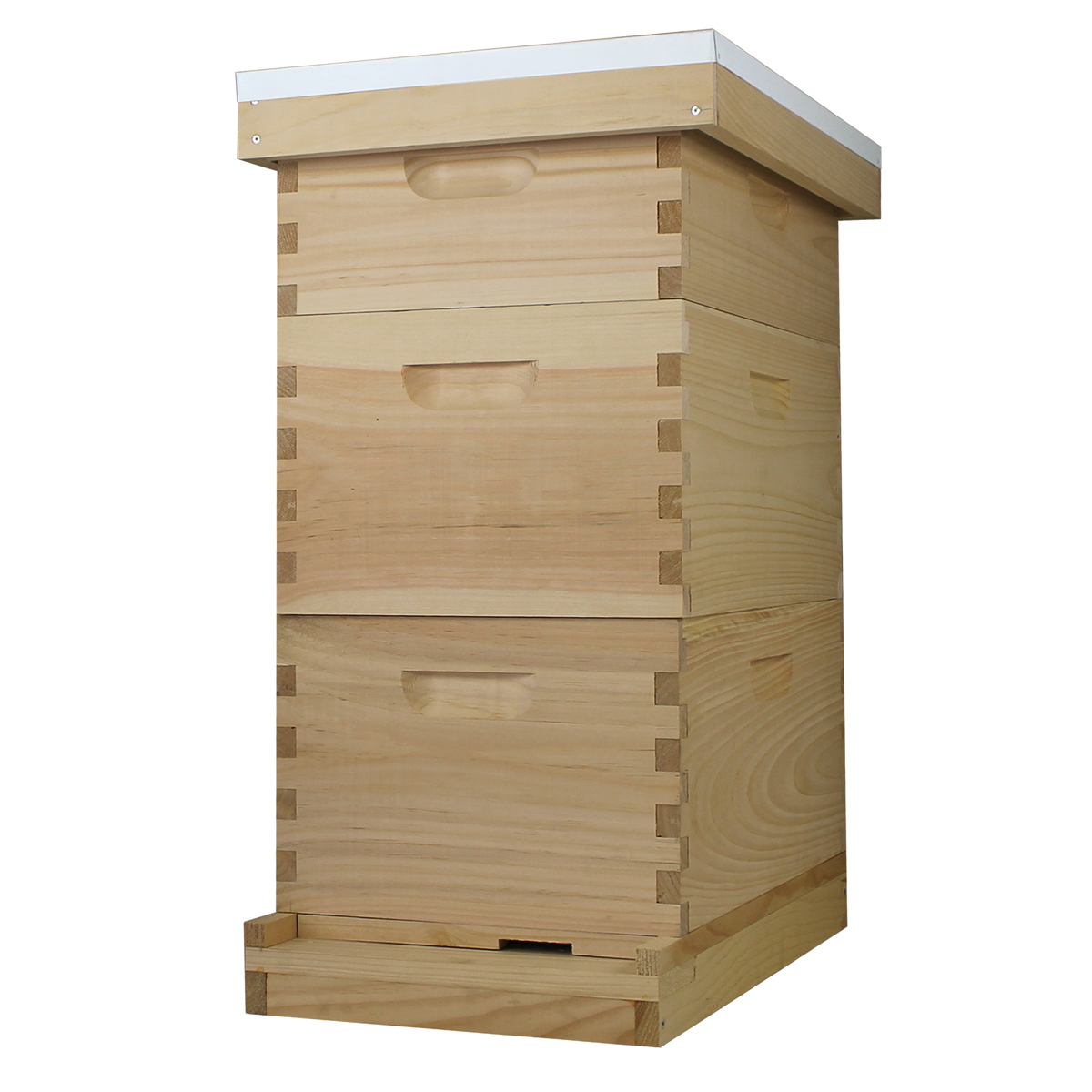 Fully assembled Amish-made Galena Farms 8 frame beehive kit with painted boxes, frames, and wax-coated foundations.