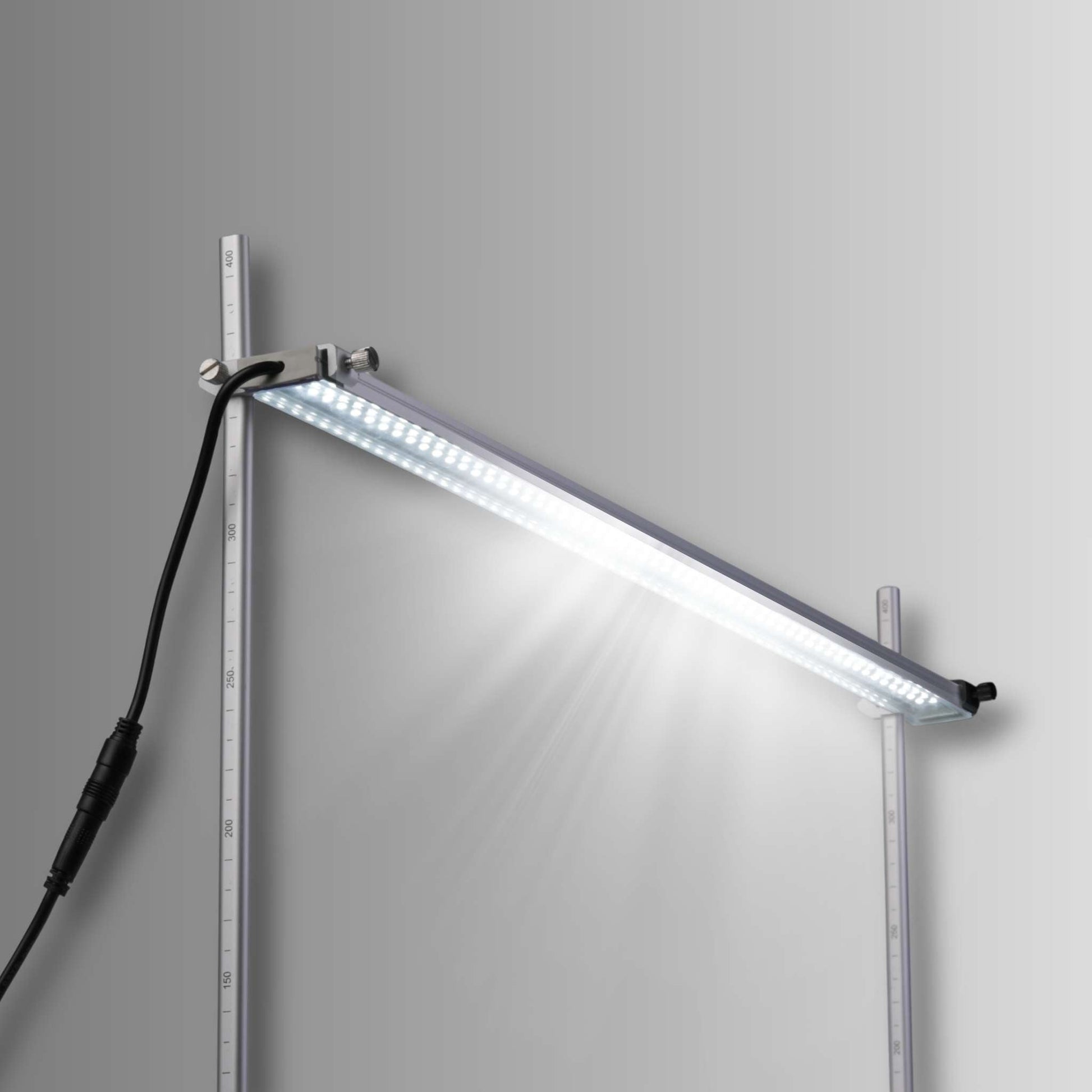 Close-up of Bootstrap Farmer 2 ft LED grow light turned on, showing bright LED bulbs and adjustable stand for indoor gardening.