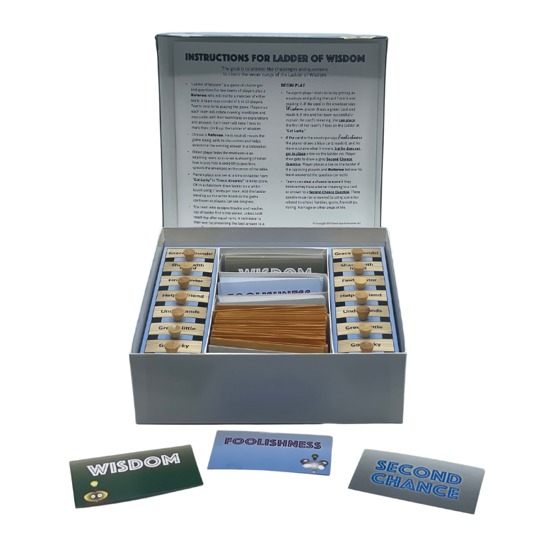 Christian Family Ladder of Wisdom game by Sandra Lee Enterprises shown on a wooden ladder with family members playing together.
