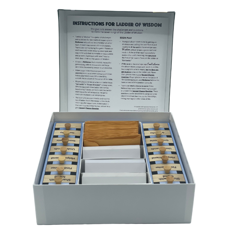 Christian family game Ladder of Wisdom by Sandra Lee Enterprises, featuring colorful wooden ladder with biblical quotes and family activities.
