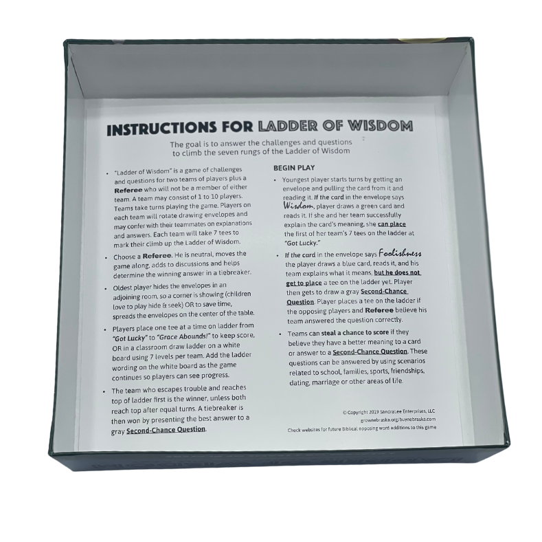 Christian family game Ladder of Wisdom by Sandra Lee Enterprises LLC, featuring colorful ladder and family playing together.