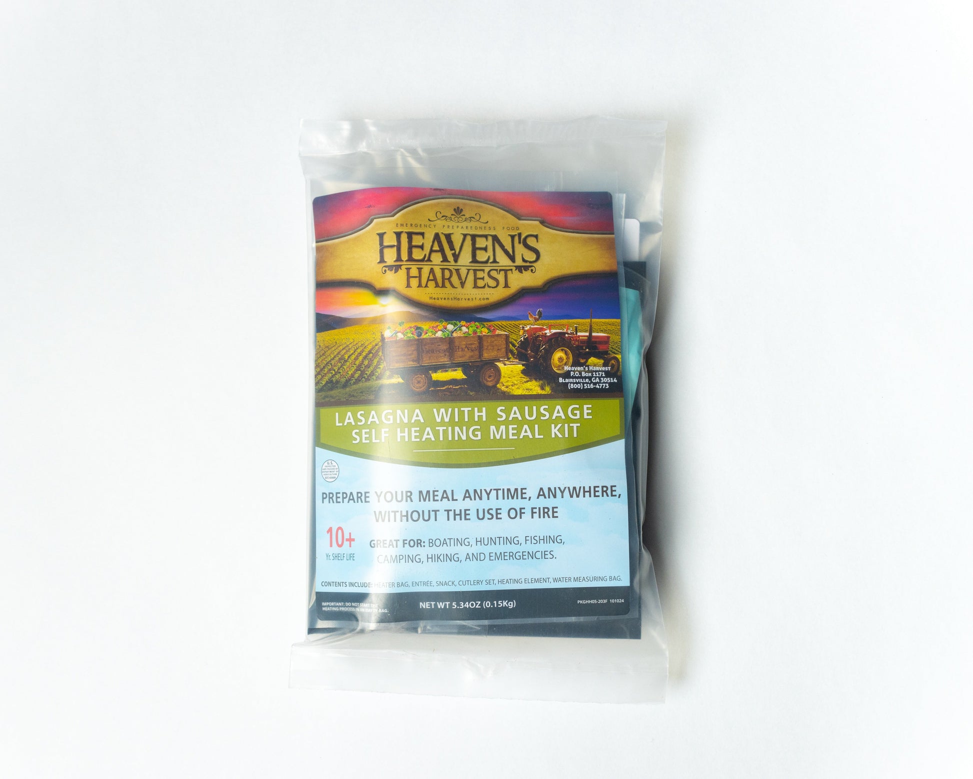 Self-heating lasagna with sausage in a freeze-dried meal kit by Heaven's Harvest, shown with the front view on a white background.