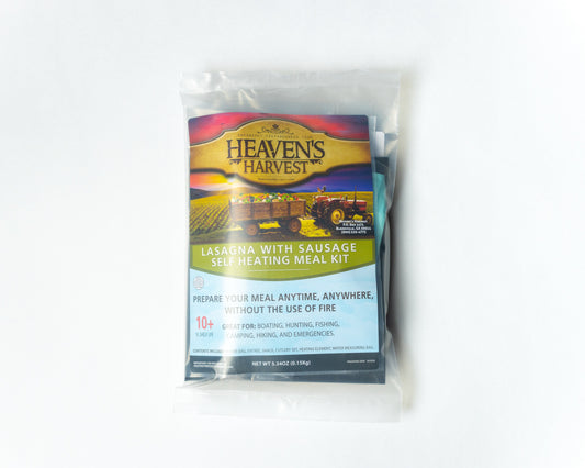 Self-heating lasagna with sausage in a freeze-dried meal kit by Heaven's Harvest, shown with the front view on a white background.