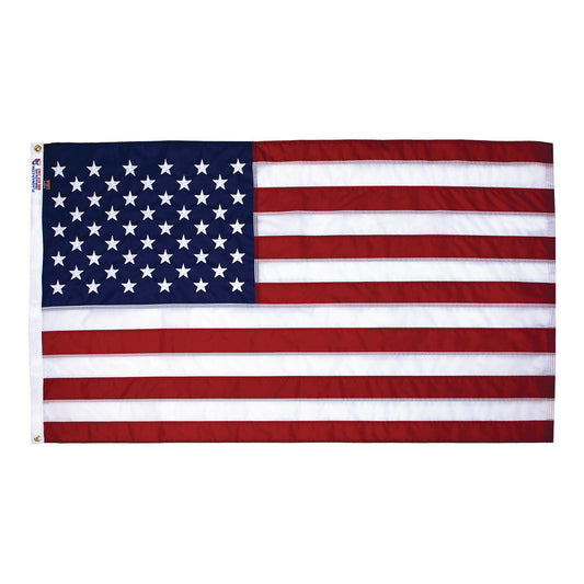 Liberty™ Nylon American flag by Flagman of America, showing vibrant red, white, and blue stripes with stars on a nylon fabric background.