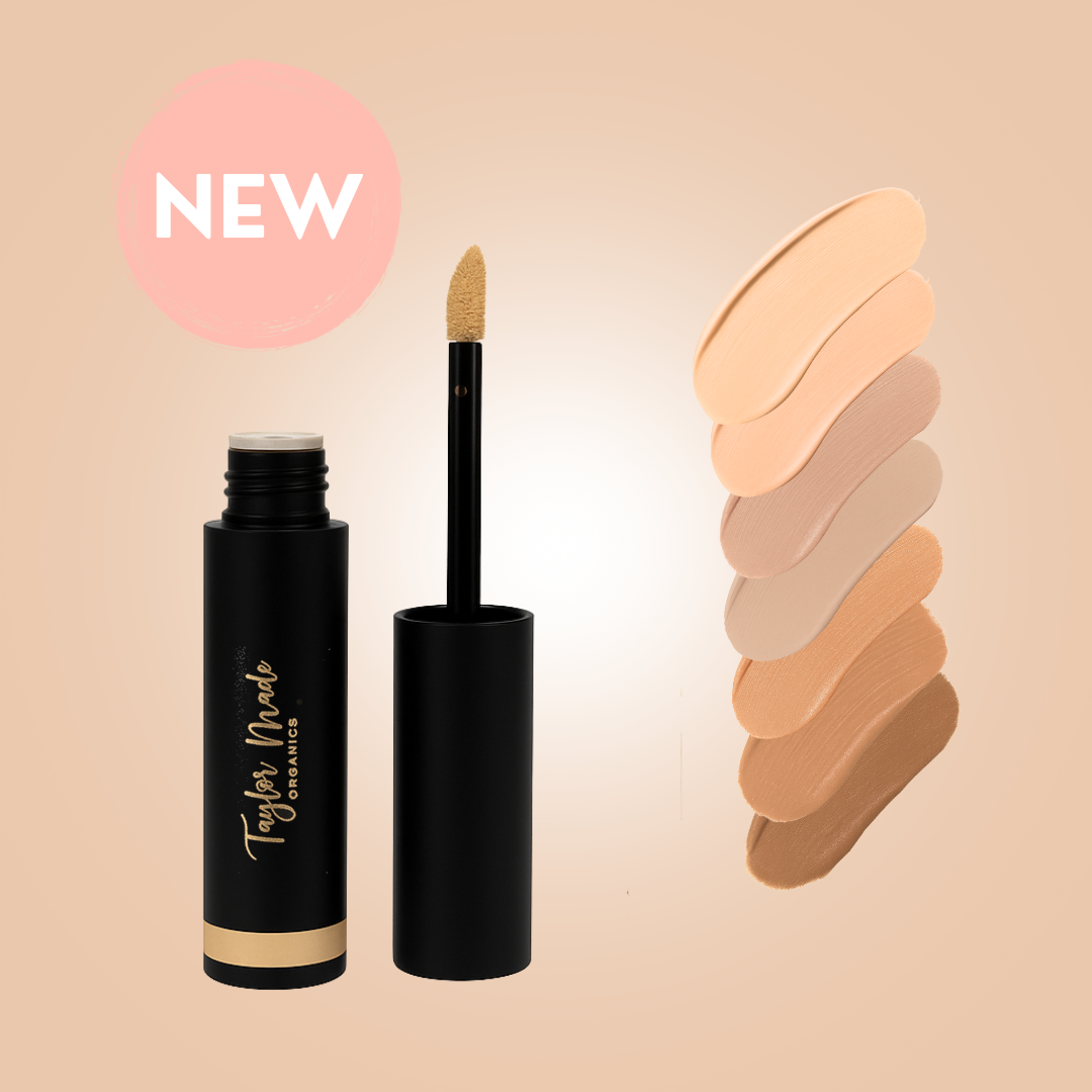 Swatch set of Taylor Made Organics liquid organic concealer showing multiple shades for versatile skin coverage.