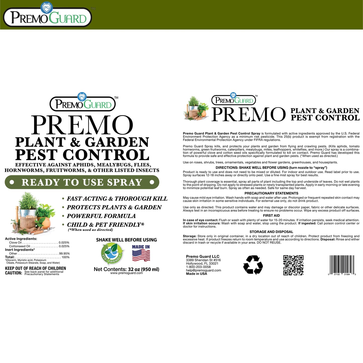 Plant and Garden Pest Control Spray - 32 oz | Plant Based Natural Non-Toxic | Premo Guard (C)