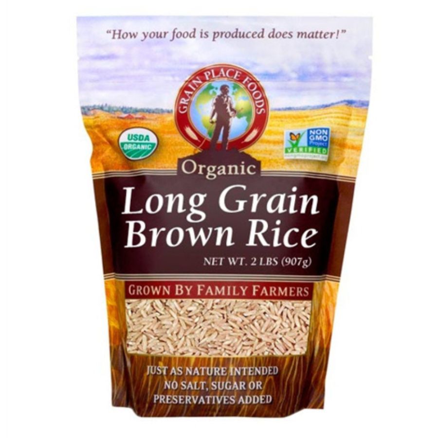 Organic long grain brown rice in a 2 lb bag from Grain Place Foods, featuring a clear label and natural packaging.