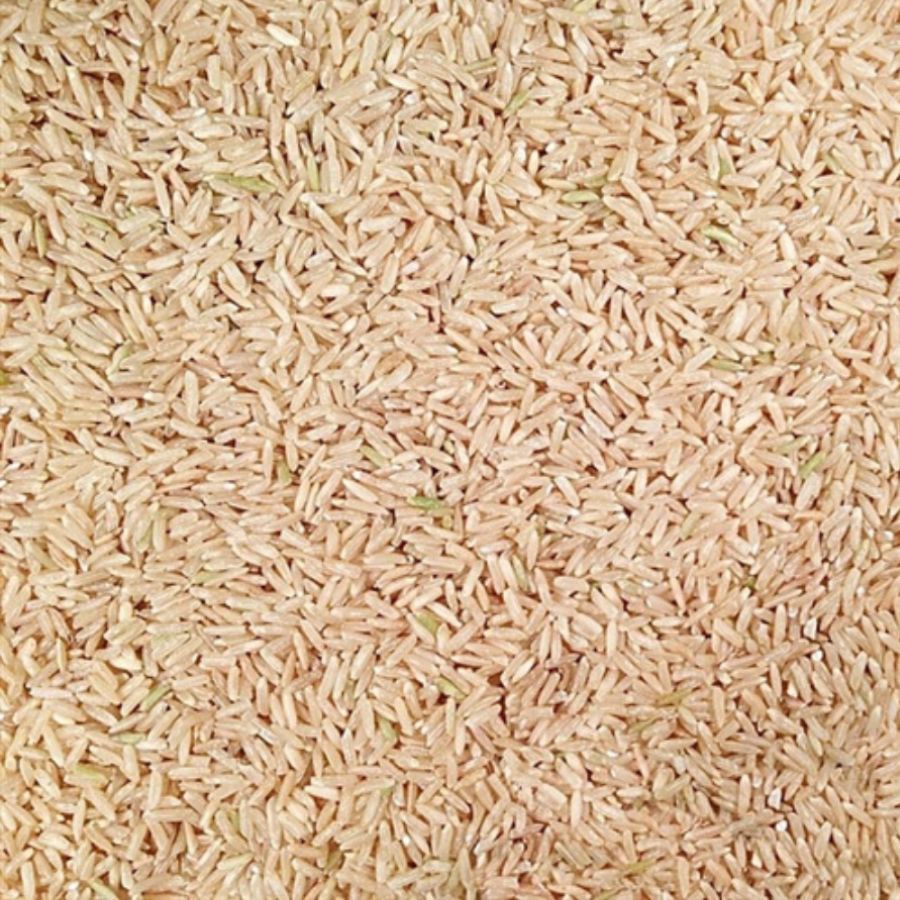 Organic long grain brown rice in a 2 lb Grain Place Foods bag, showing the unprocessed, light brown rice grains.