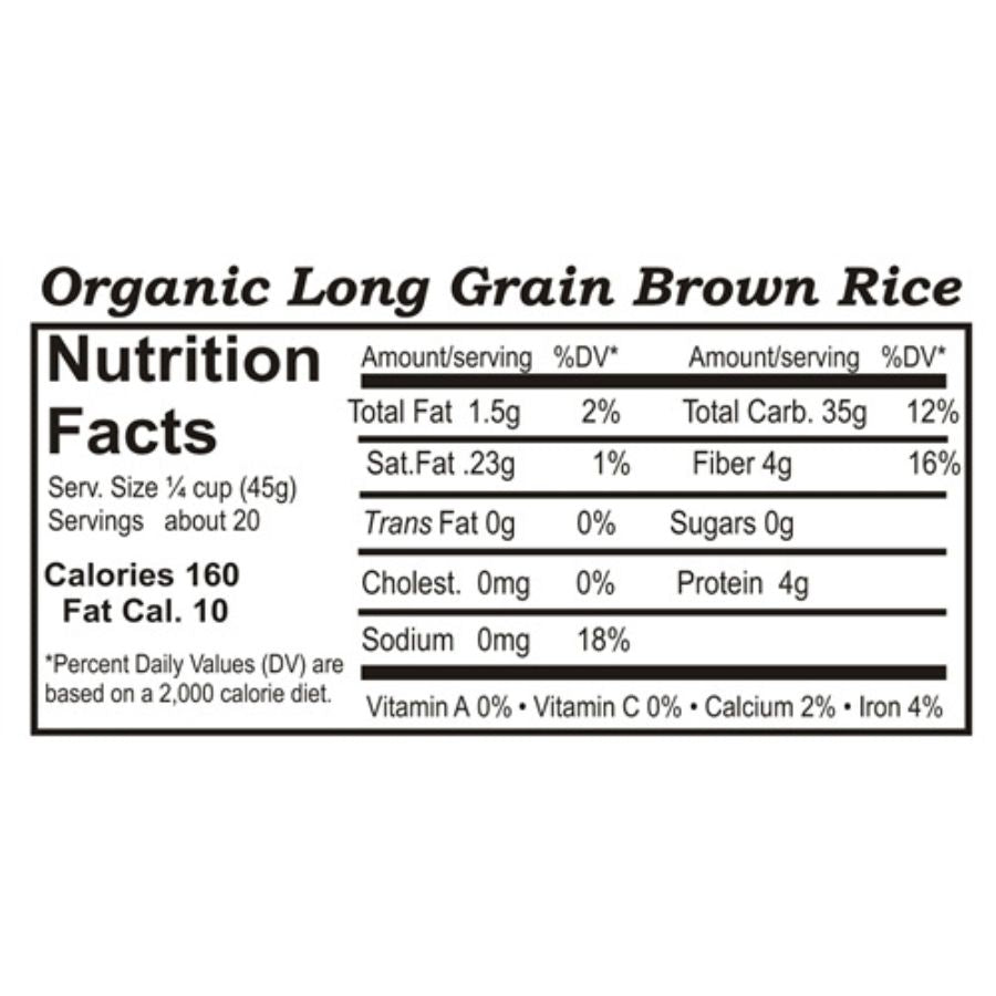 Organic long grain brown rice in a 2 lb bag from Grain Place Foods, showing the rice grains and packaging.