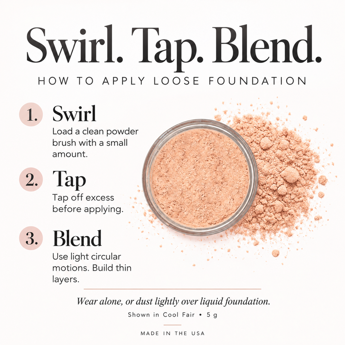 Taylor Made Organics loose mineral foundation powder with applicator brush displayed, demonstrating how to use the foundation.